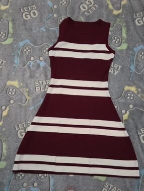 Sleeveless Burgundy and White Striped Knit Mini Dress